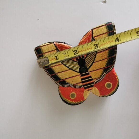 Butterfly Storage Box Inlaid Handwoven Straw Retro Jewelry Box Red Fabric Lined - Picture 9 of 11